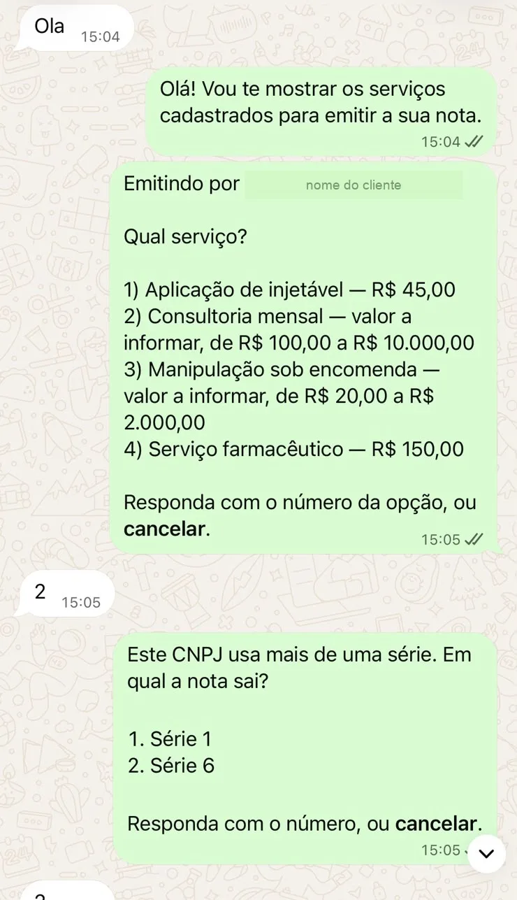 Conversa de WhatsApp: o cliente manda olá e recebe a lista de serviços cadastrados, depois a pergunta de qual série usar.