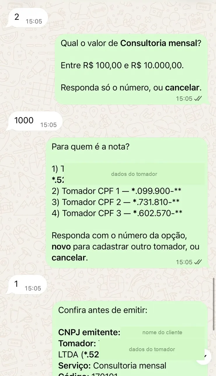 Conversa de WhatsApp: o cliente informa o valor, escolhe o tomador da agenda e recebe o resumo para conferir antes de emitir.