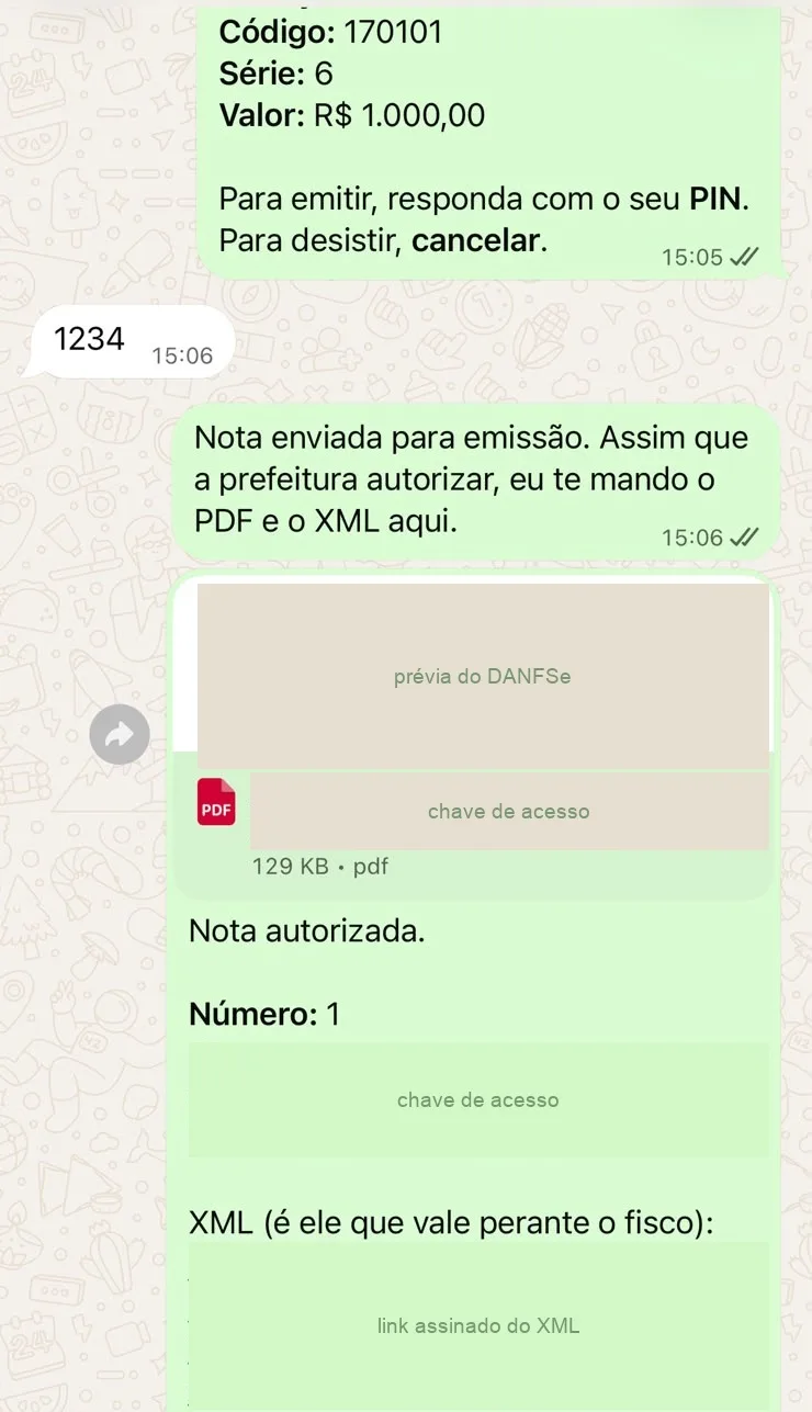 Conversa de WhatsApp: depois do PIN, a nota é enviada, autorizada, e o PDF chega na conversa junto com o link do XML.